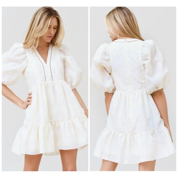 Hunter Bell Gaille Mini Dress Jacquard Ivory Flowers size XS Puff Sleeve Bridal - Picture 2 of 16